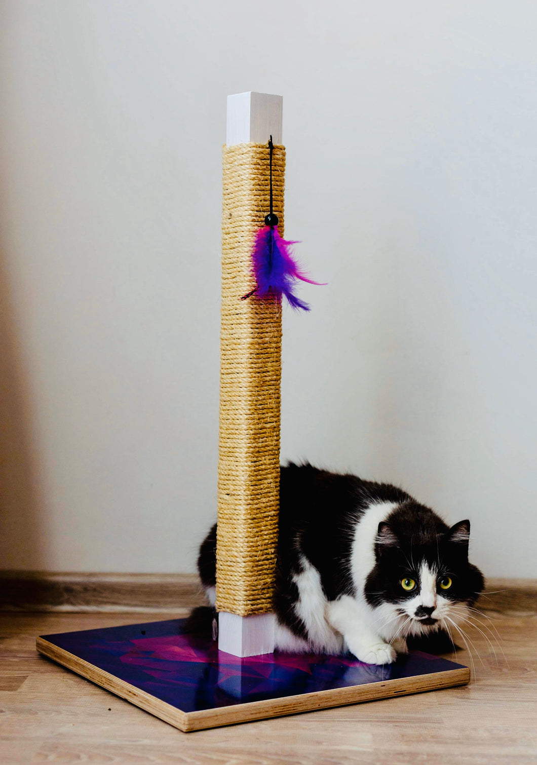 Skrāpējamais Stabiņš Kaķiem | Modernas kaķu mēbeles | Koka | Sizāls | Violets | Ar spalvu mantiņu | Ar dizaina apdrukām